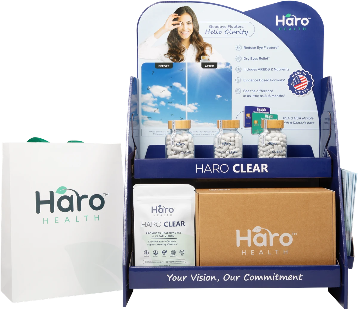 Haro Clear 枱面展示架，配有瓶子、補充裝、入門套裝盒及品牌購物袋