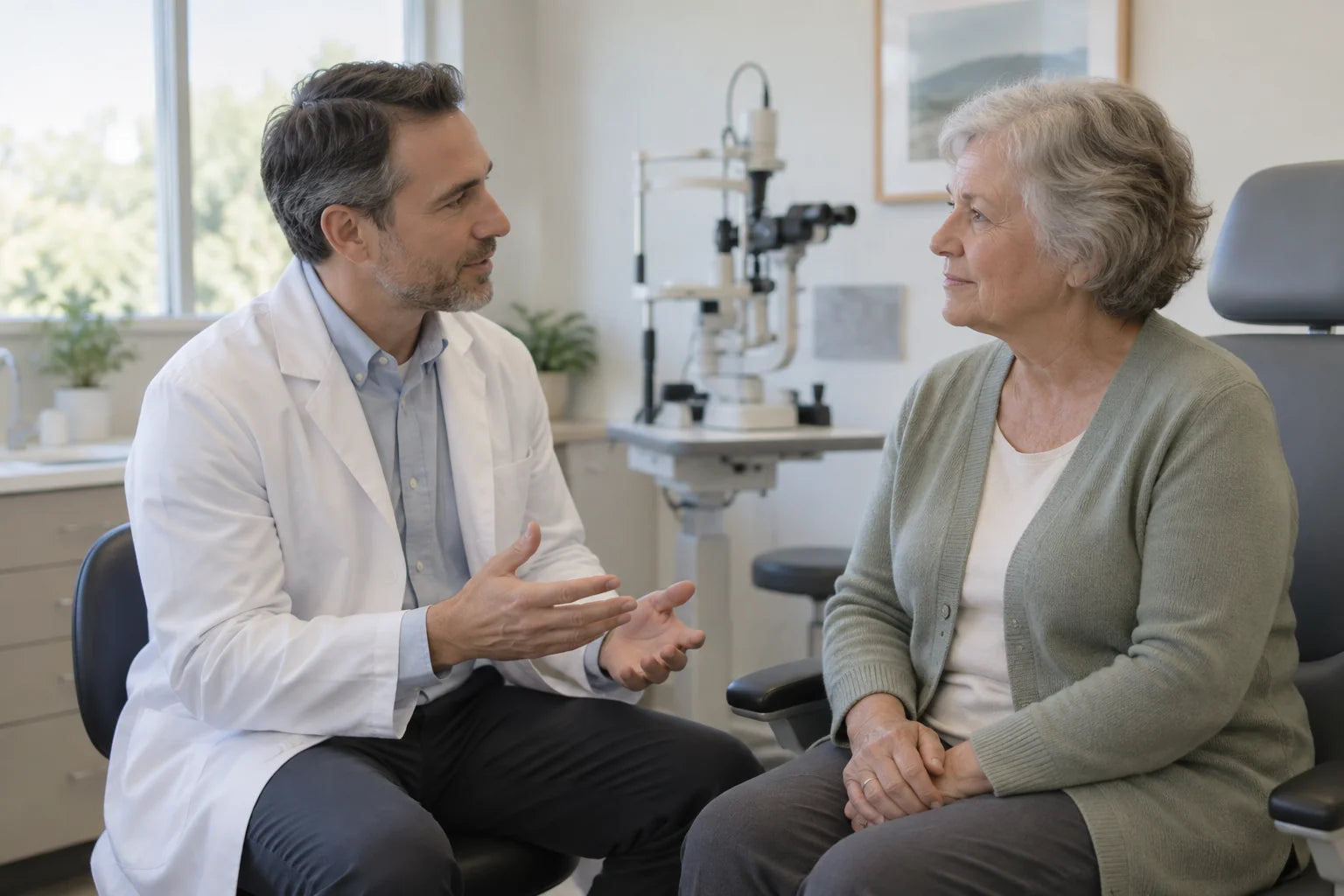 Illustrative scene of an eye-care professional talking with a patient in a softly lit examination room.