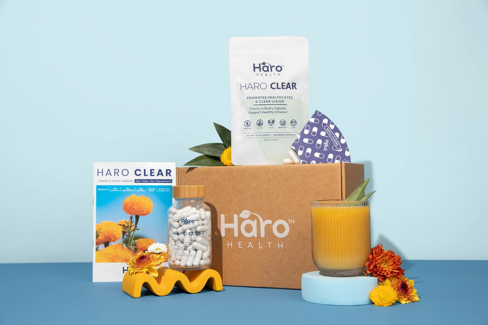 Haro Clear Starter Kit with refill pouches, reusable bottle, funnel, and getting-started materials