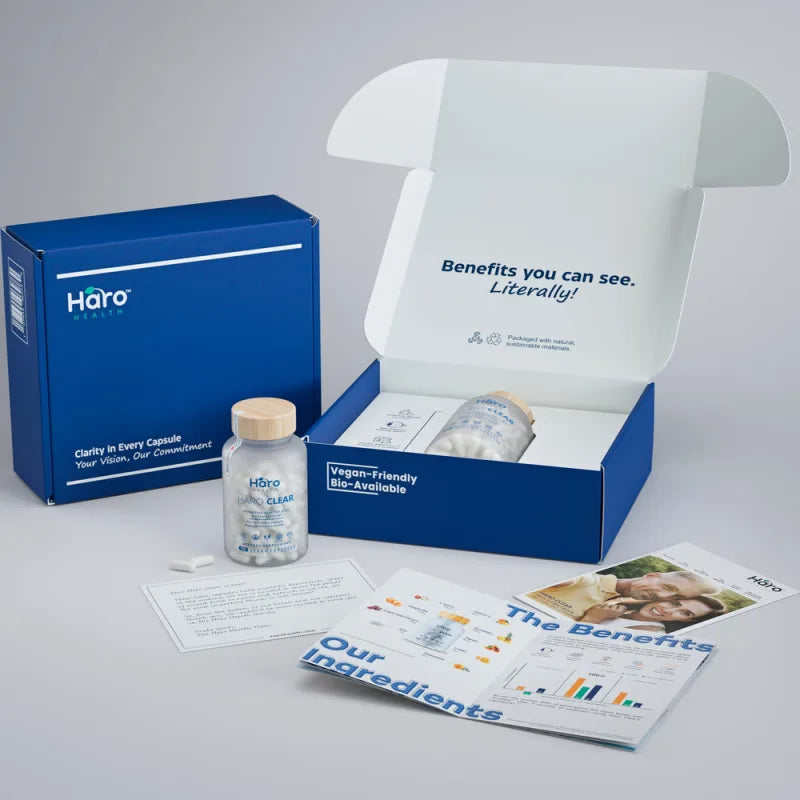 Original Haro Clear blue box shown closed and open, with the bottle and printed inserts